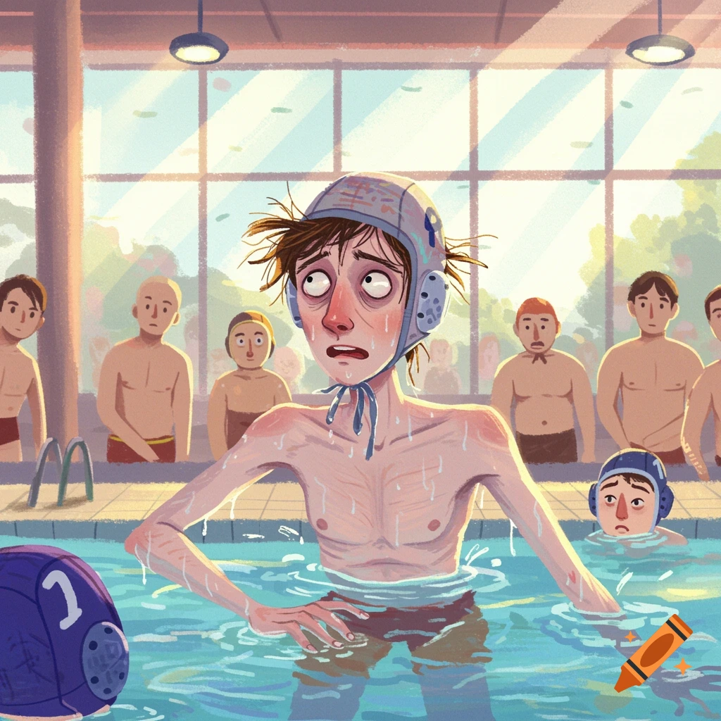 Illustration of a skinny, anxious-looking water polo player in a pool with teammates, in a bright, expressive style.