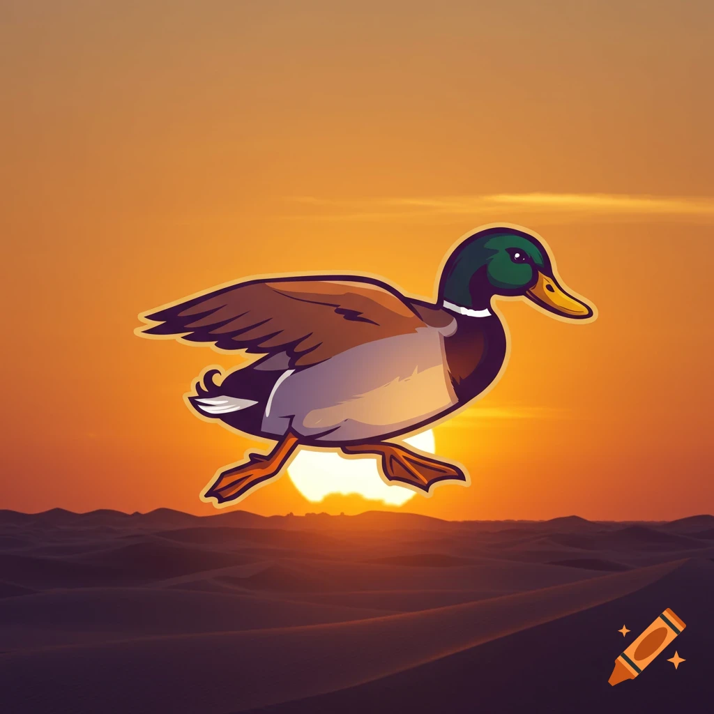 Stylized mallard duck flying against a desert sunset.