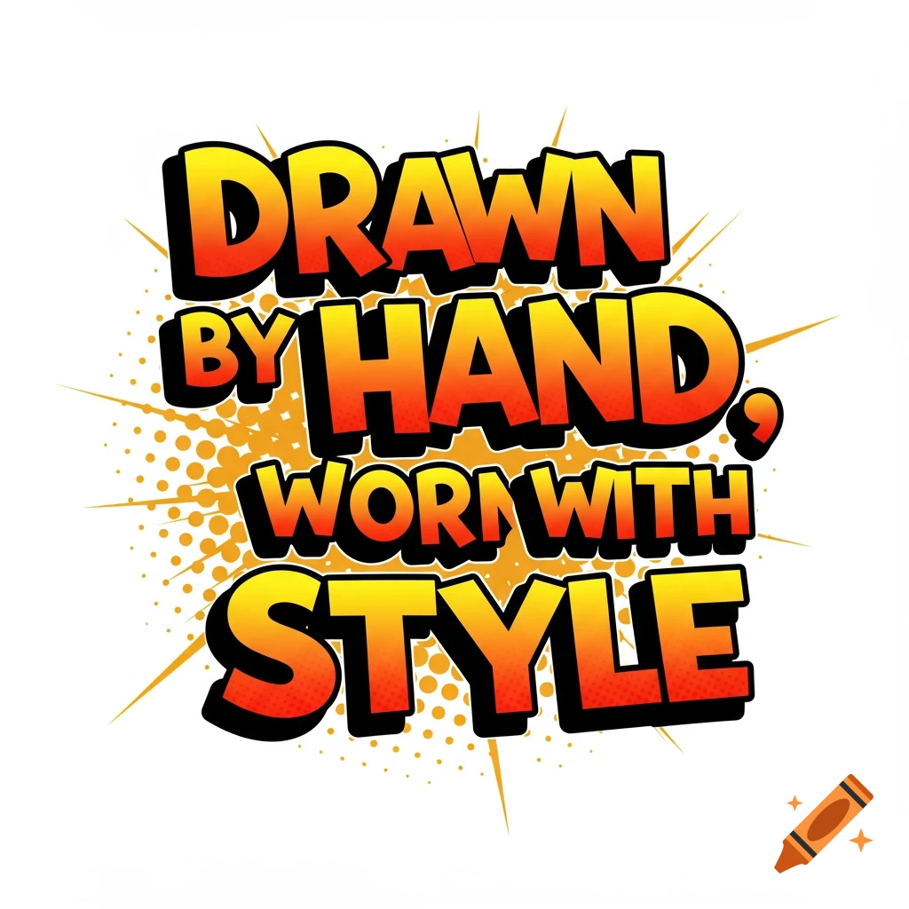 Comic book style graphic with the text 'Drawn by Hand, Worn with Style'.