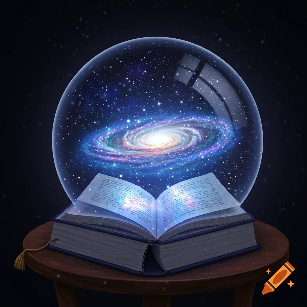 An open book on a table with a galaxy inside a globe above it.
