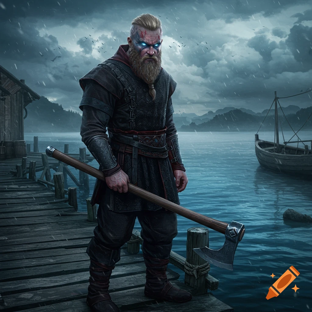 A fierce viking with glowing eyes stands on a wooden dock, holding an axe under a stormy sky.