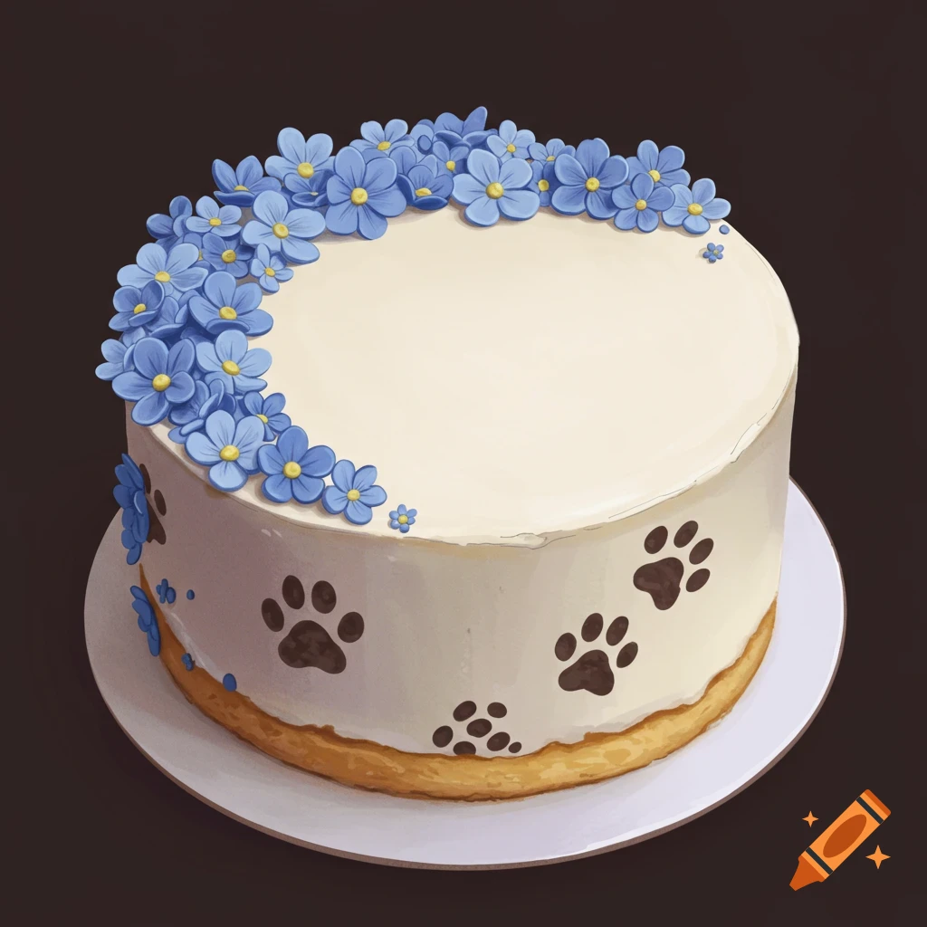 Cake with blue flowers and paw prints