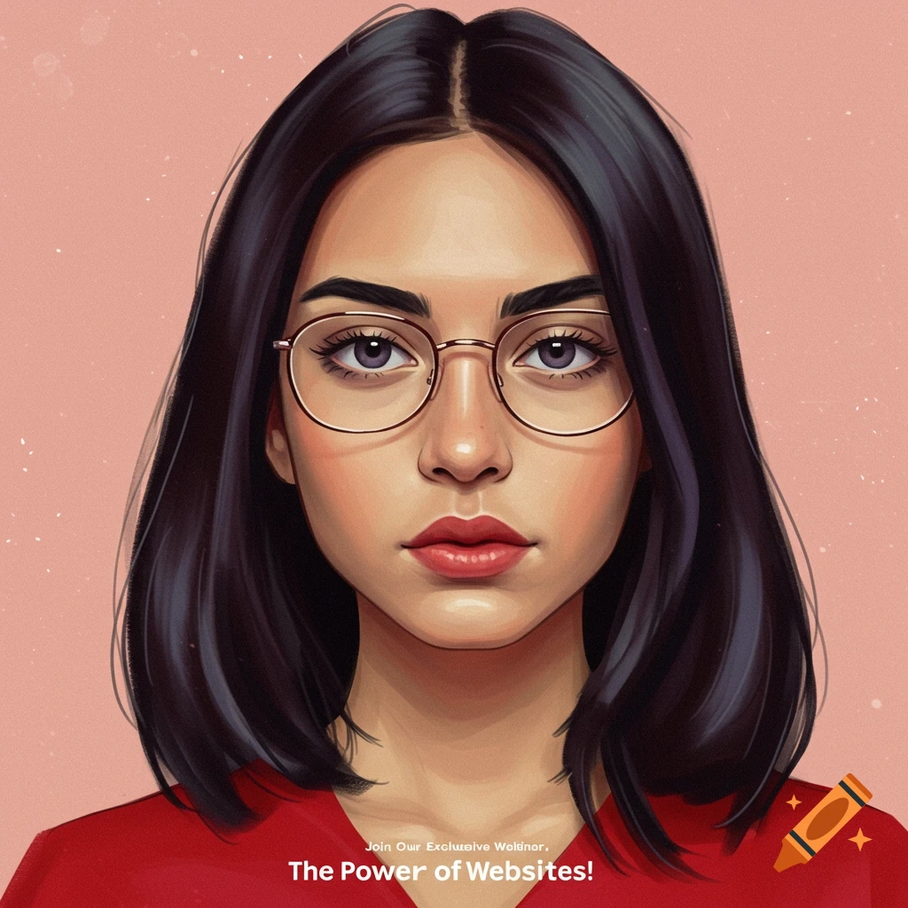 Stylized portrait of a woman in glasses and red shirt, with text at the bottom.