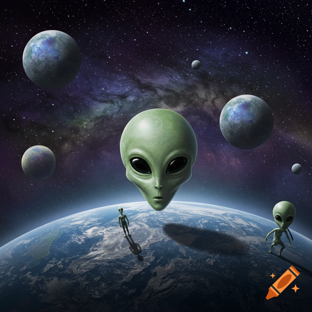 Large green alien head floats over Earth with smaller aliens on the surface, surrounded by planets and stars.