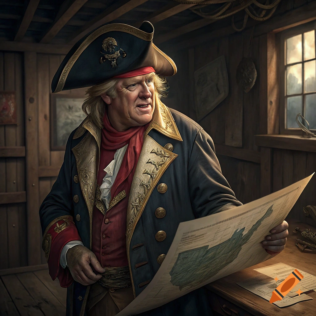 A man dressed as a pirate holds a map in a wooden room.