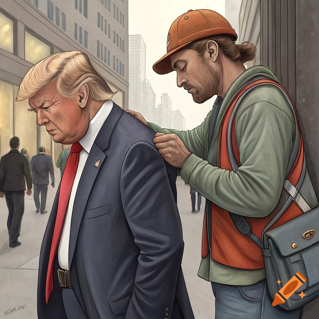 Donald Trump standing on a city street while a construction worker touches his shoulder. Illustration style.
