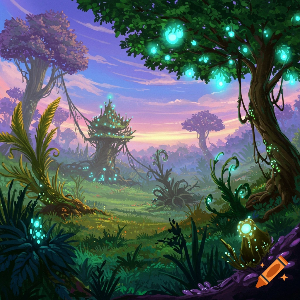 An illustration of a vibrant fantasy landscape with strange glowing plants, trees, and structures under a pink and purple sky.