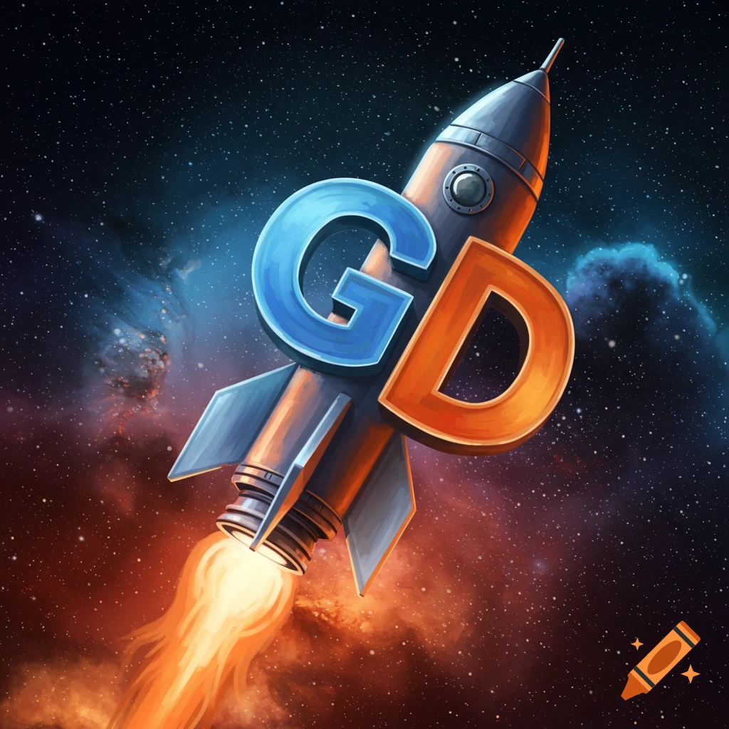 Letters g and d outlined as a rocket