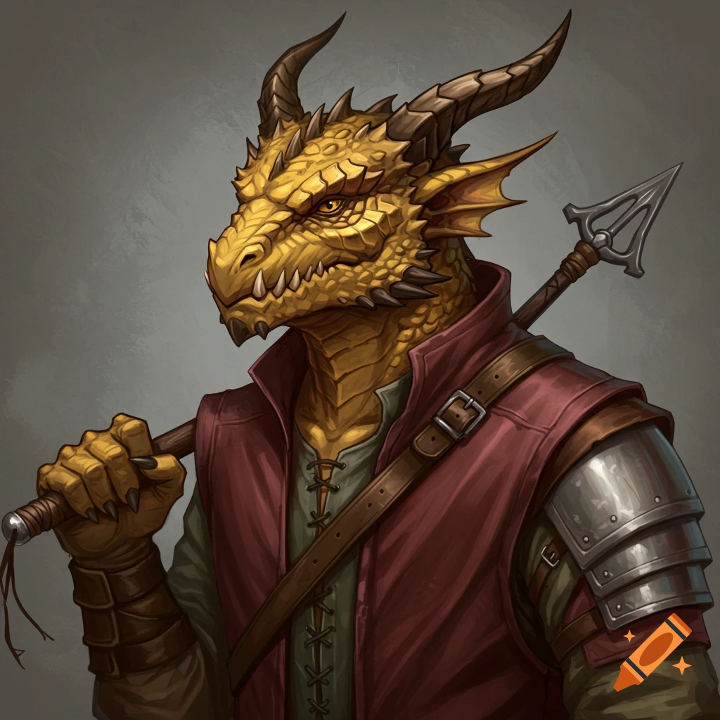 Portrait of a golden-scaled fantasy creature in armor, holding a spear.
