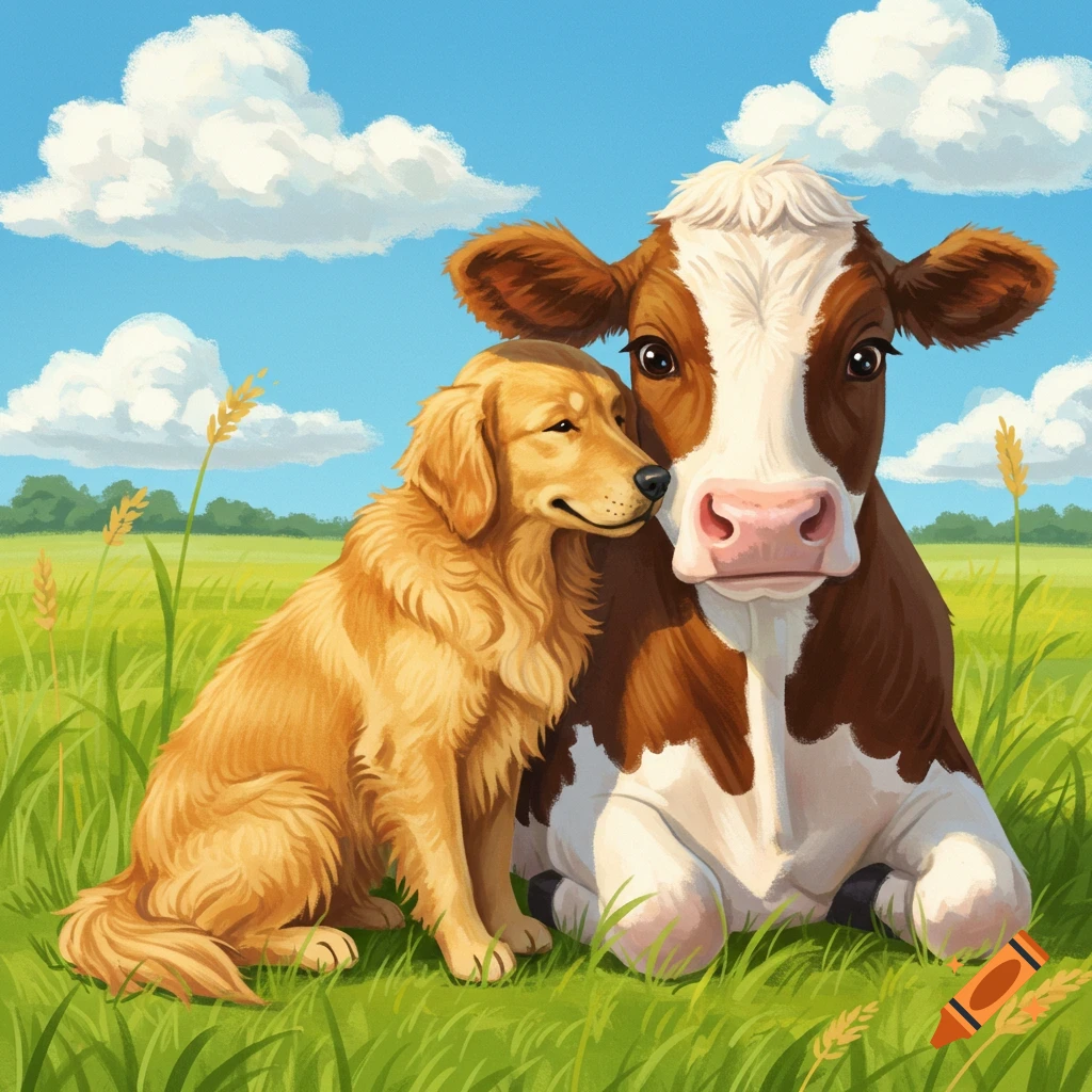 A golden retriever dog snuggling next to a brown and white cow sitting in a grassy field under a blue sky with clouds. Illustration style.