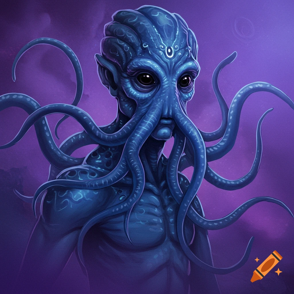 An illustration of a blue alien creature with tentacles around its face.