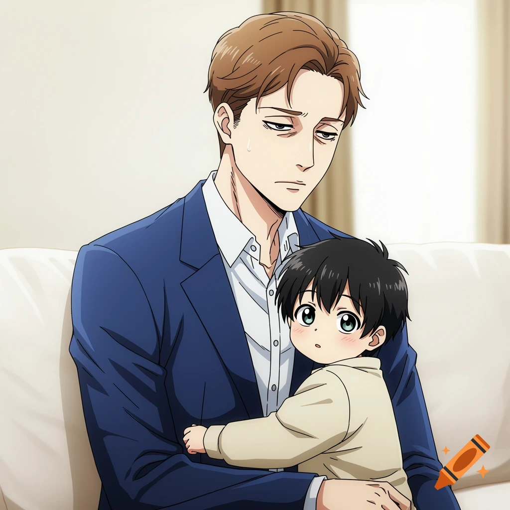 Anime style image of a tired man holding a small child