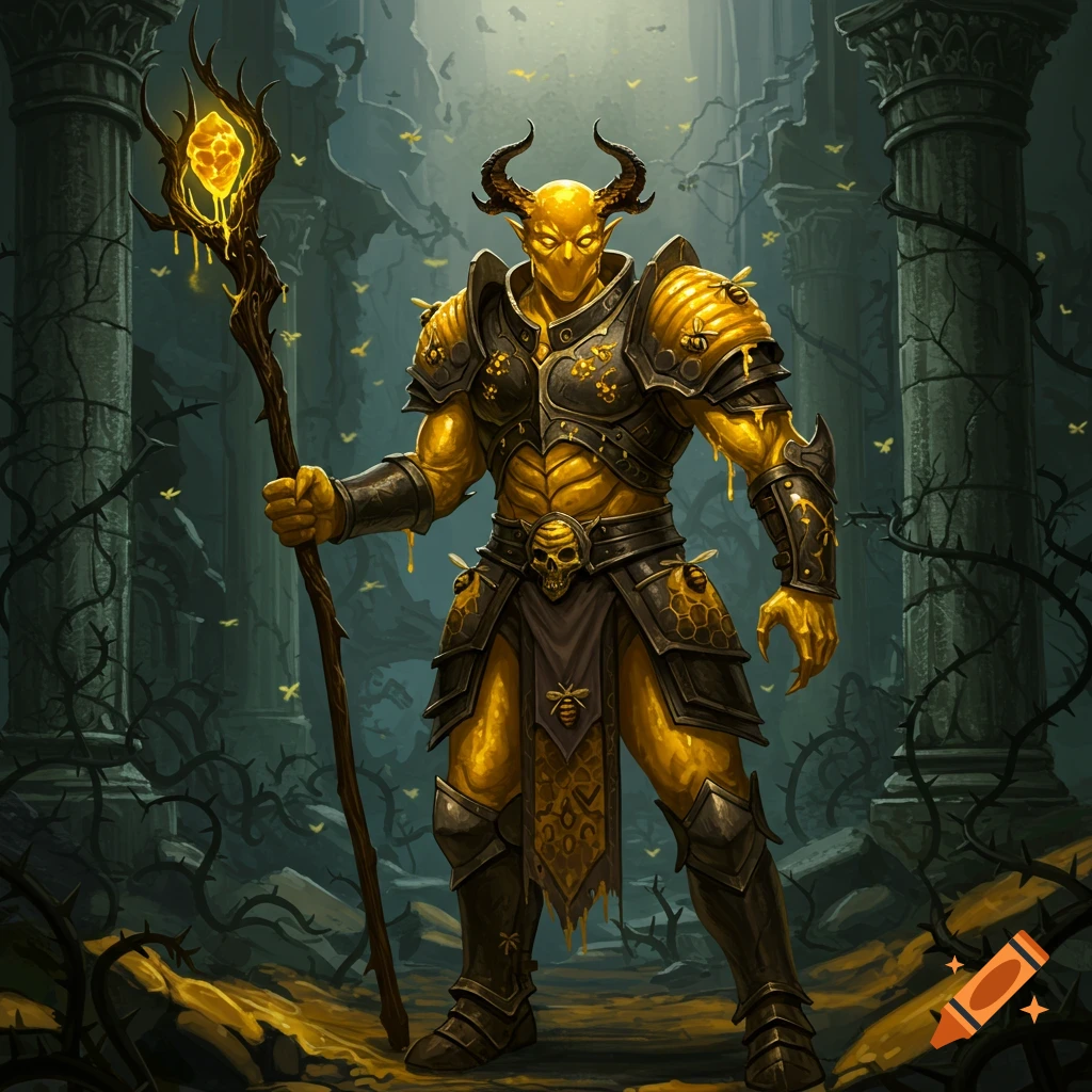 A yellow honey demon soldier with horns and armor stands in a dark, ruined castle holding a glowing staff.