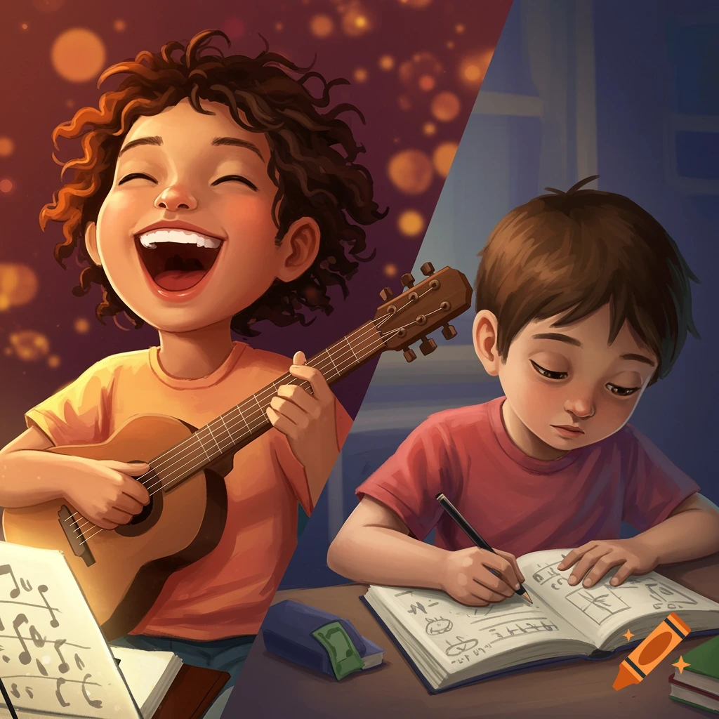 Illustrated split image of a girl playing guitar joyfully and a boy studying intently at a desk.