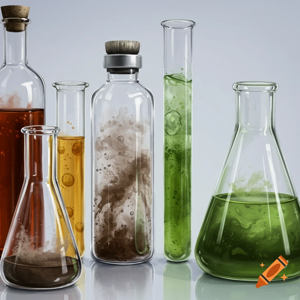 Laboratory glassware filled with various liquids and solids in an illustrative style.