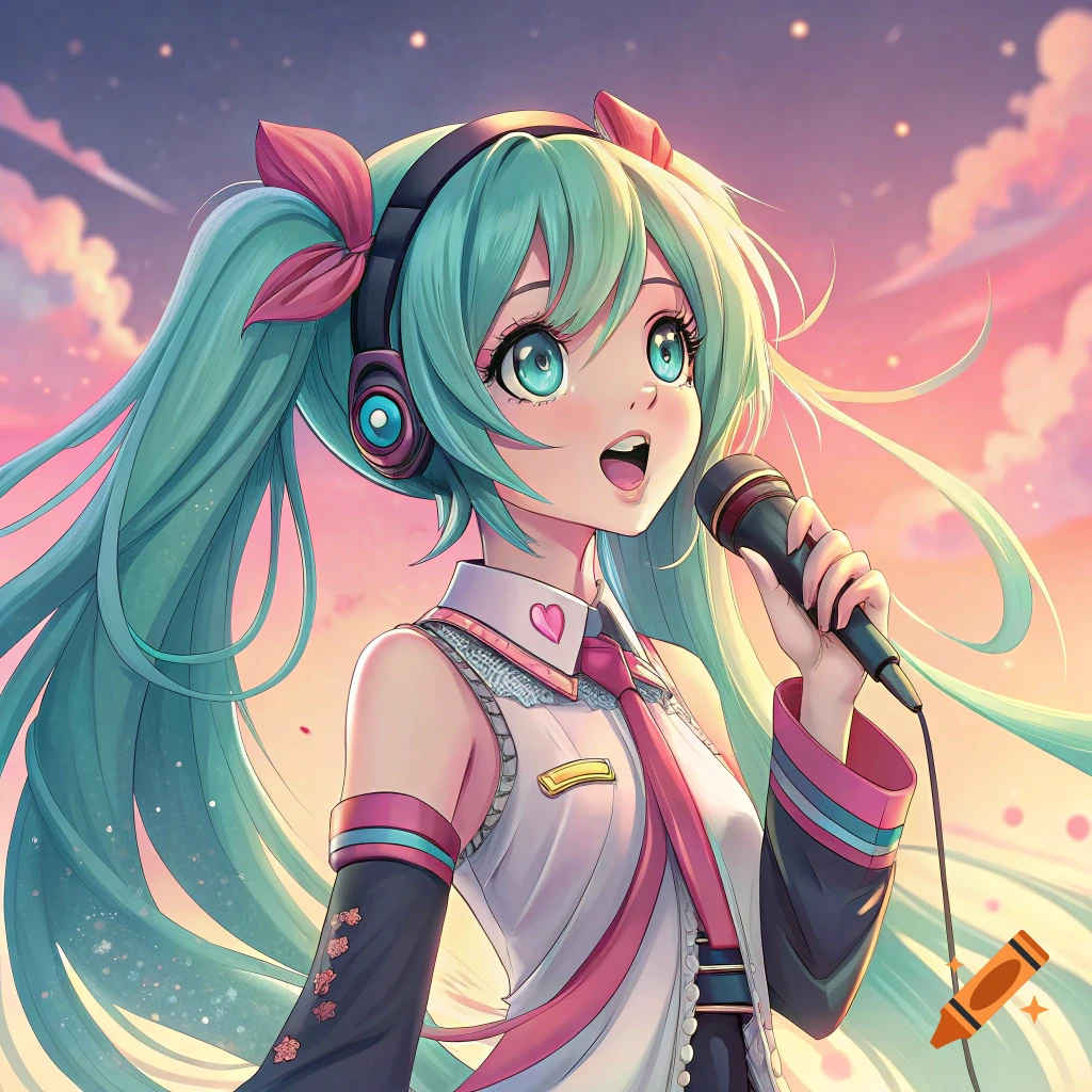 Anime girl with long teal pigtails and headphones singing into a microphone against a sunset sky.