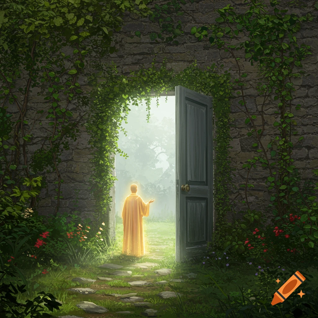 A glowing figure in a robe stands before an open door in a stone wall covered in vines, leading to a foggy garden.