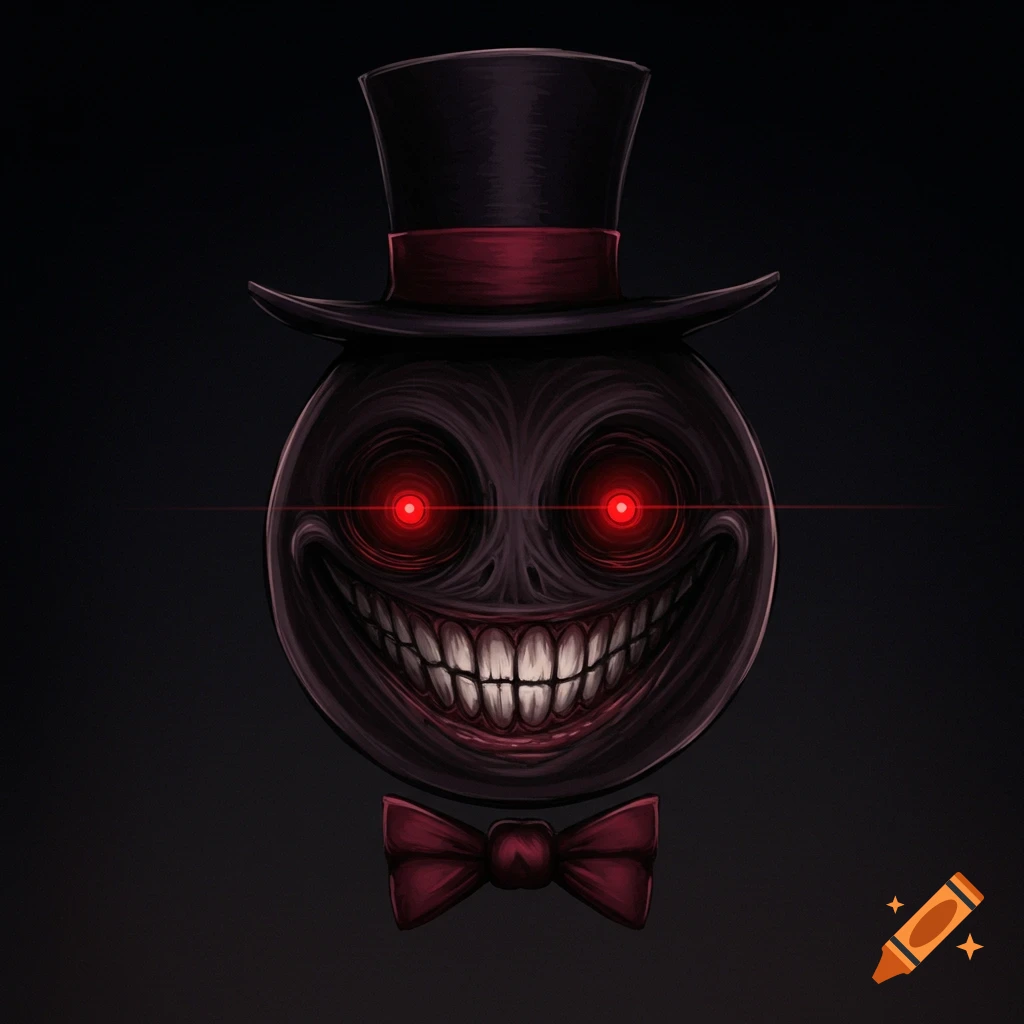 A dark, sinister character with red glowing eyes, wide sharp grin, black top hat, and red bow tie on a black background.