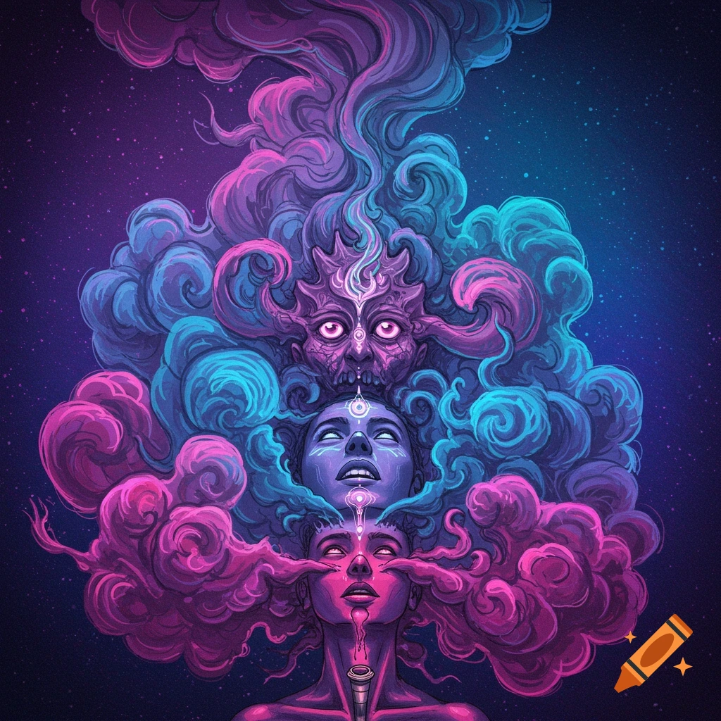 Psychedelic illustration of faces and figures emerging from swirling pink, purple, and blue smoke against a starry cosmic background.