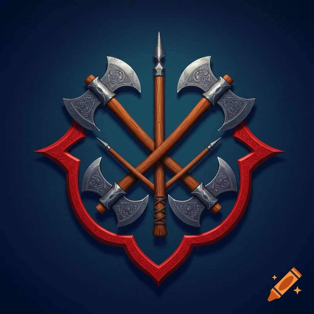A family crest featuring four crossed axes and a spear within a red ornate border against a blue background.