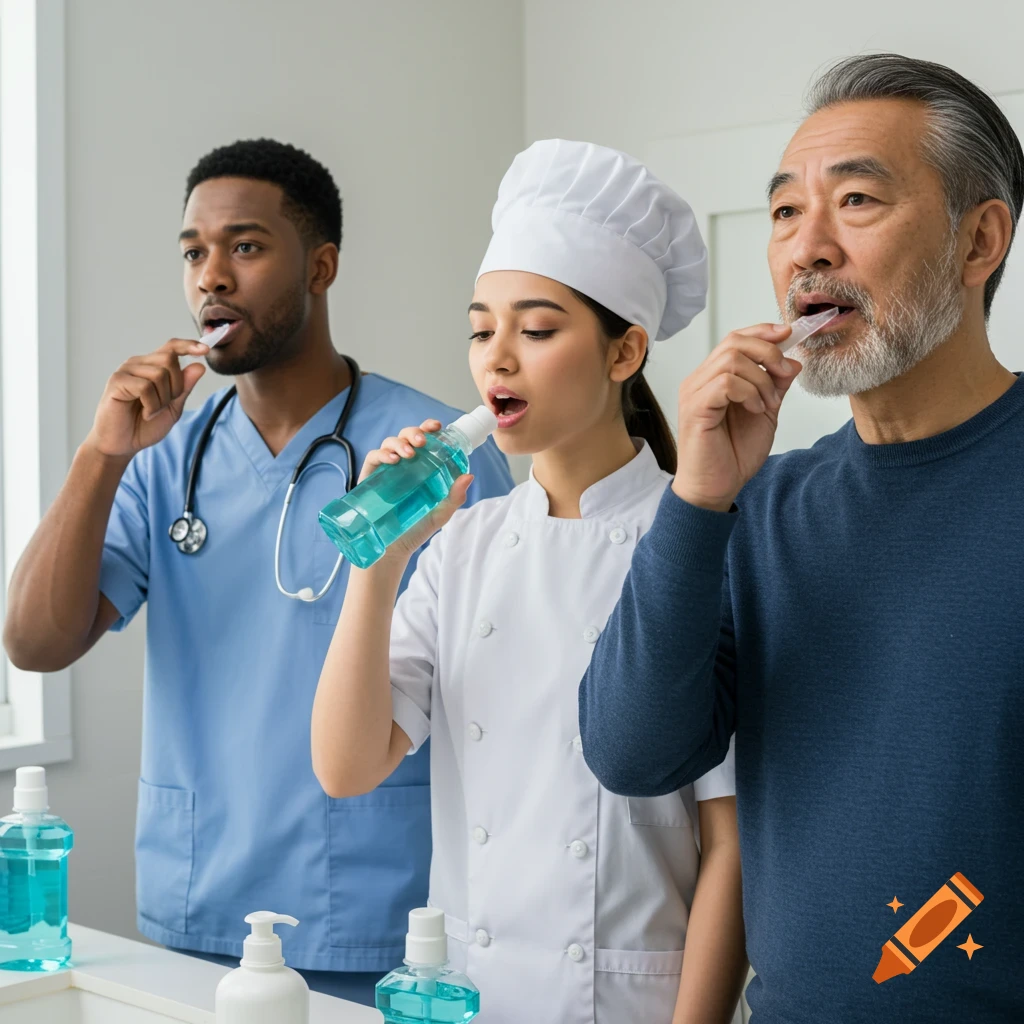 A doctor, a chef, and an older man brush their teeth and use mouthwash in a bathroom.