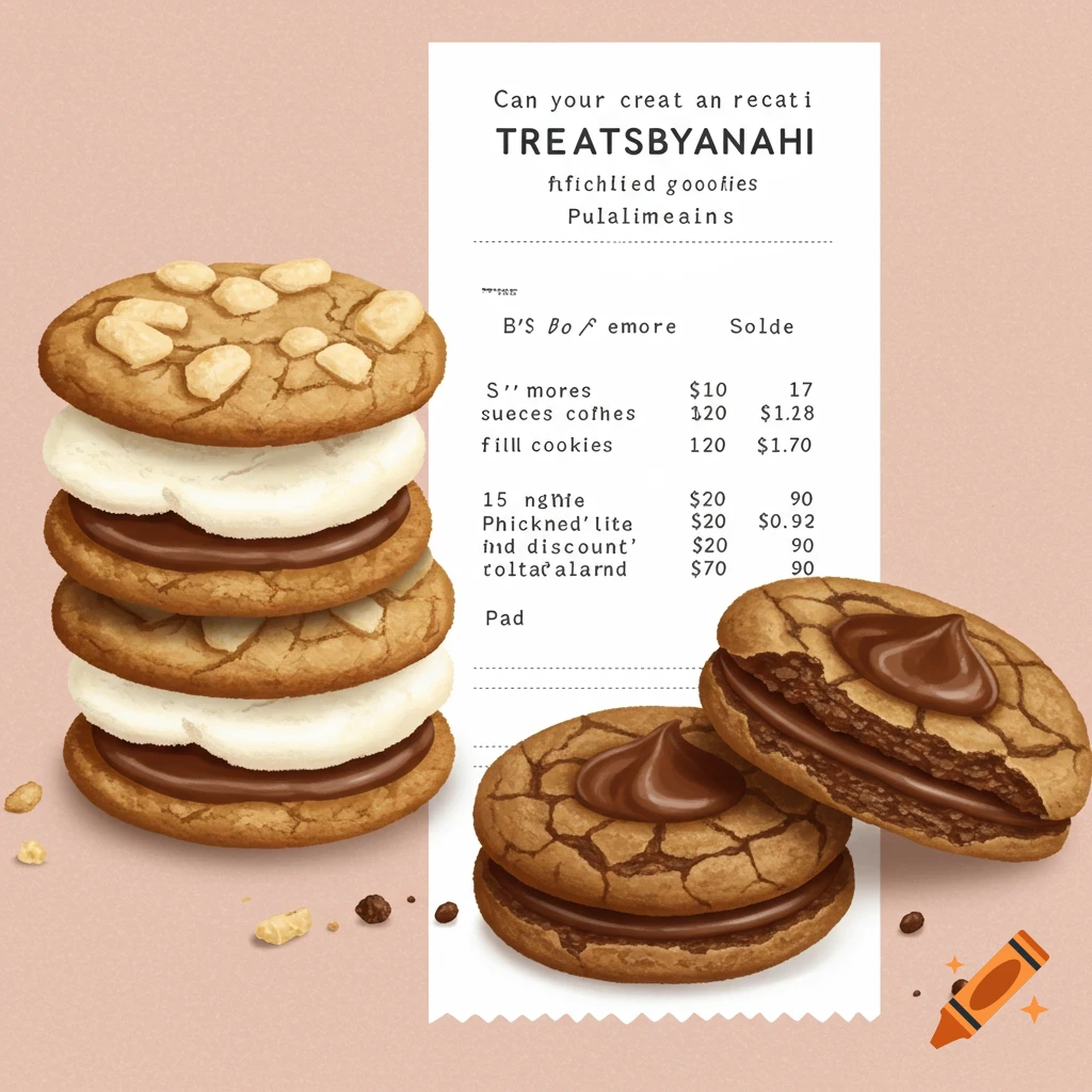 Receipt for s'mores and Nutella cookies from treatsbydanahi, with a $20 discount bringing the total to $70.00 USD. Seller information is present on the receipt and the document is a business record of a food sales transaction. Payment from buyer to seller is acknowledged via this formal sales receipt document. Text is visible within the image to provide itemization of the order.