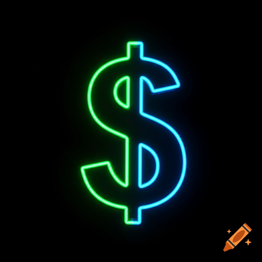 Neon green and blue dollar sign on a black background.