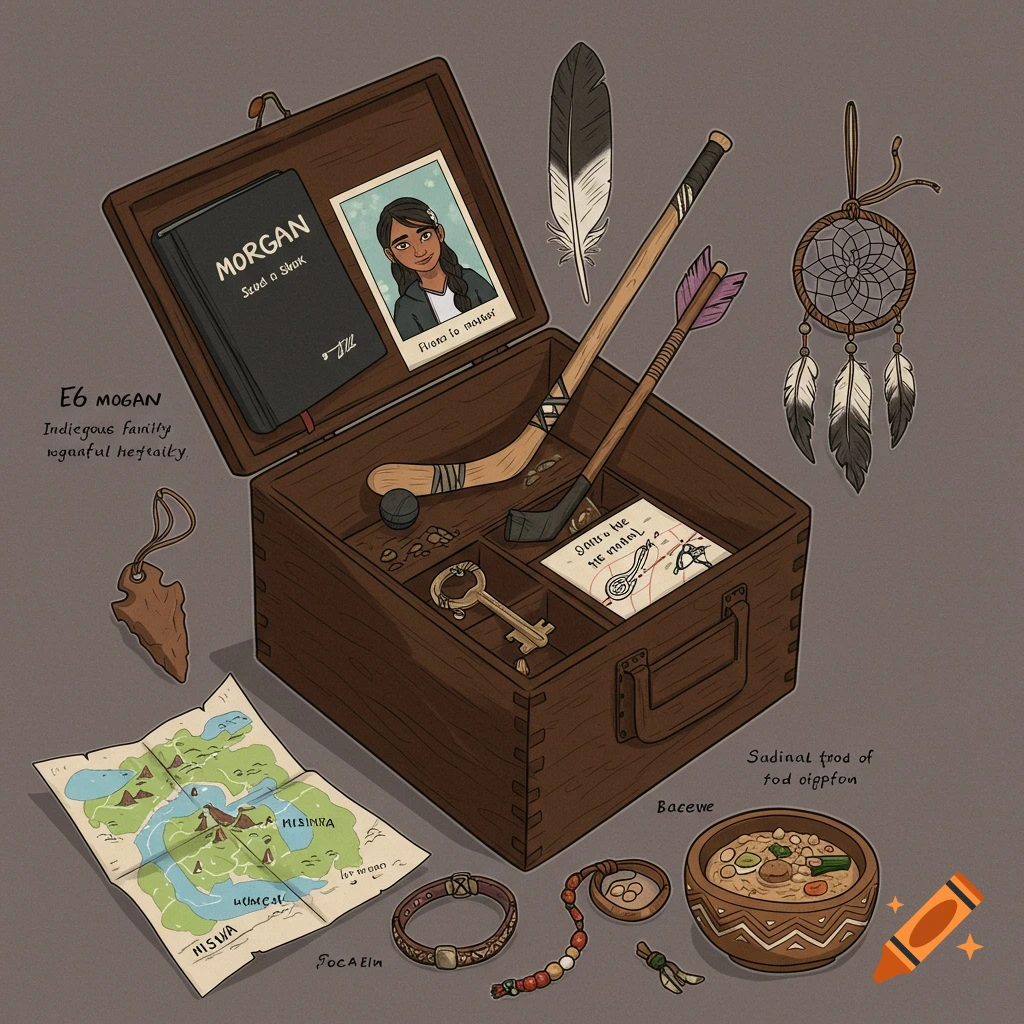 Illustration of objects around an open wooden box: notebook, photo, feather, hockey stick, dreamcatcher, arrowhead, key, map, bracelets, and a bowl of food.
