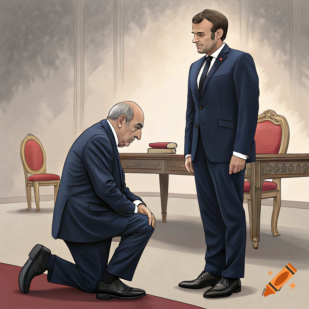 Illustration of a man in a suit kneeling before another man in a suit in a formal room.