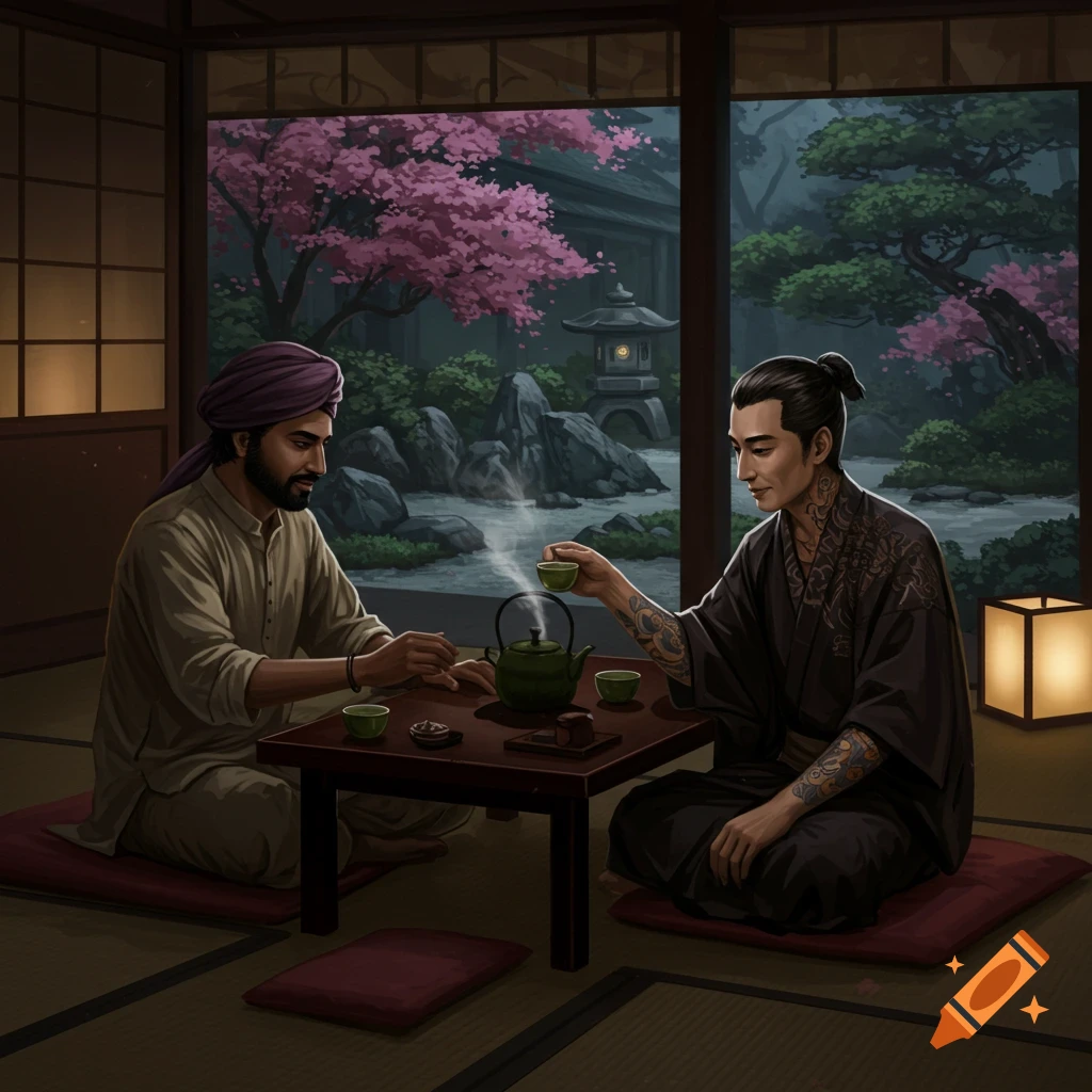 Two men have tea in a room overlooking a Japanese garden, illustration.