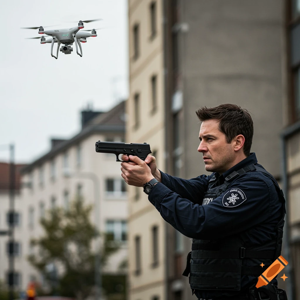 Man in tactical gear aims a gun at a drone hovering above a city street.