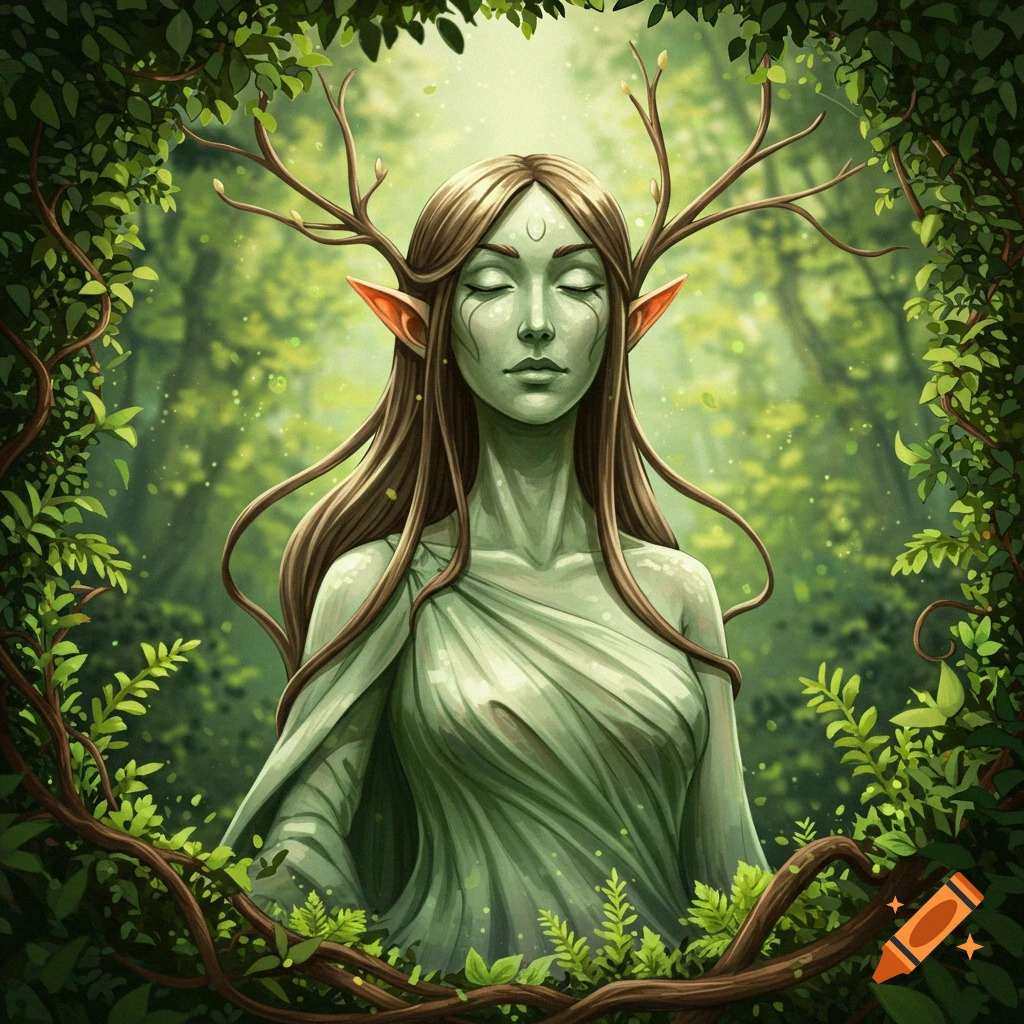 Fantasy portrait of a forest elf with antlers, framed by vines and leaves.