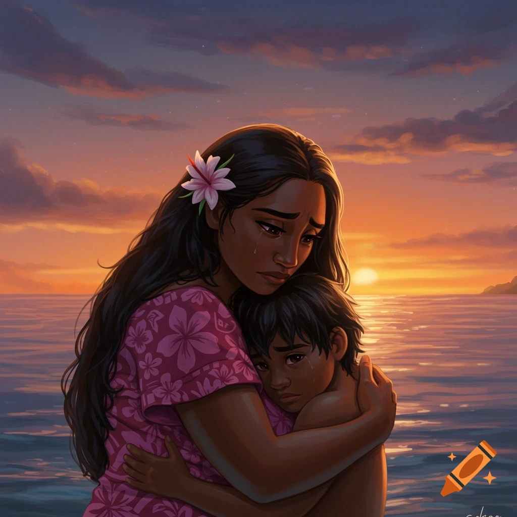 Sad woman holding a child by the ocean at sunset, illustration style.