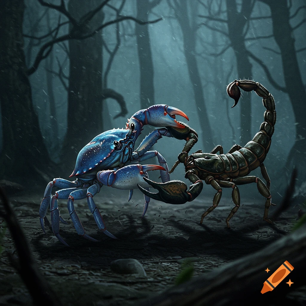 A blue crab and a scorpion face off in a dark, atmospheric forest illustration.