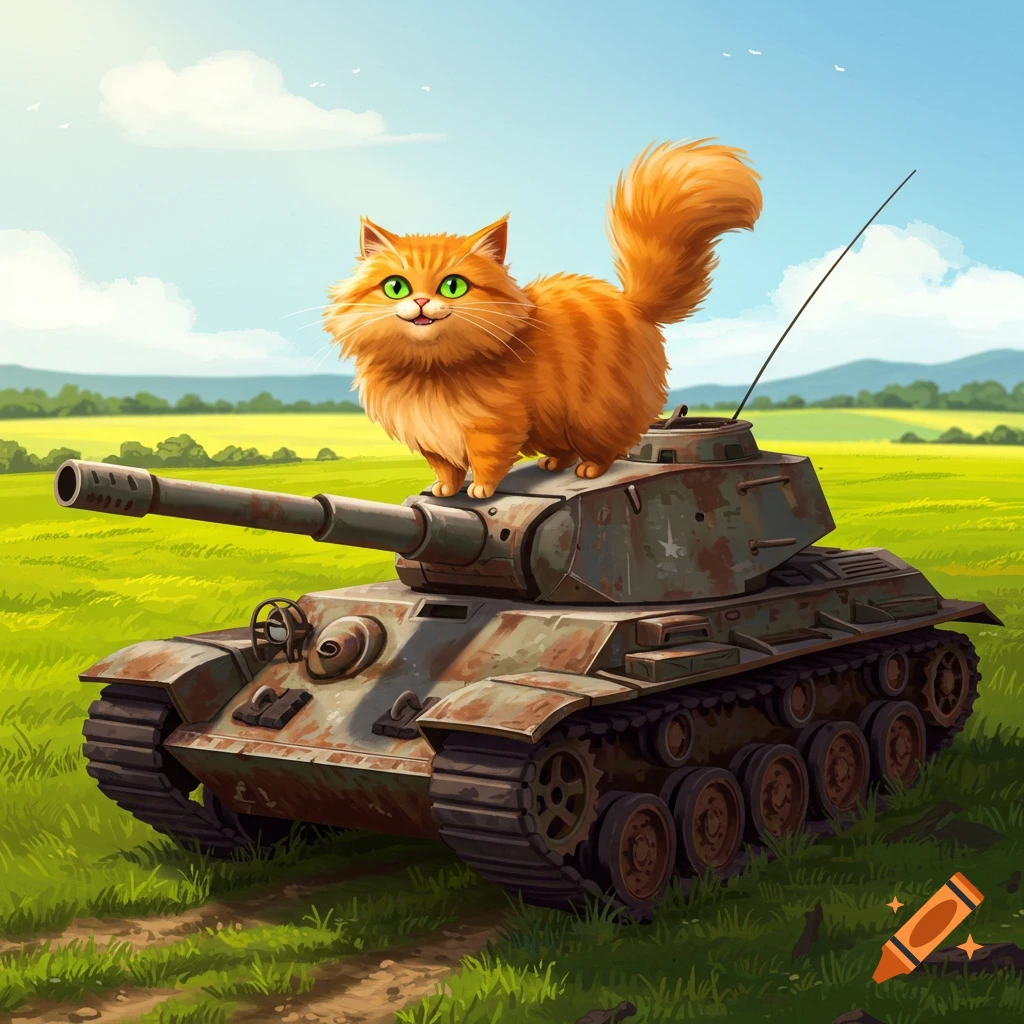 An orange fluffy cat sits on top of a military tank in a grassy field under a blue sky.