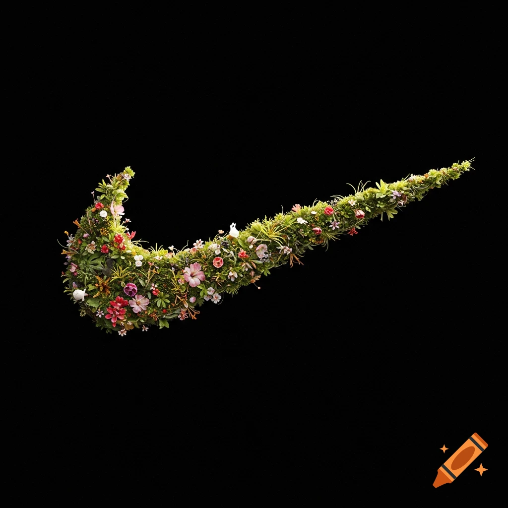 Nike swoosh shape made of vibrant flowers and green plants on a black background.