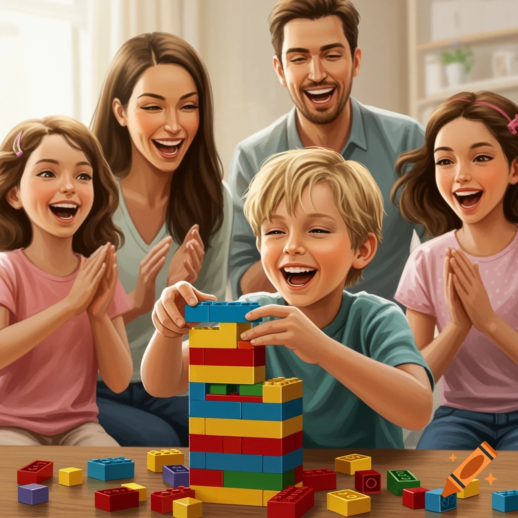 Happy family cheering as a boy builds a colorful block tower