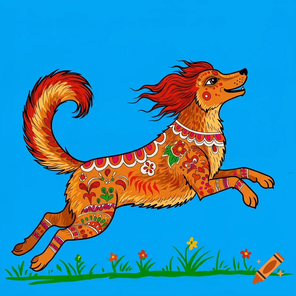 A stylized dog with colorful patterns jumps in the grass against a blue background.