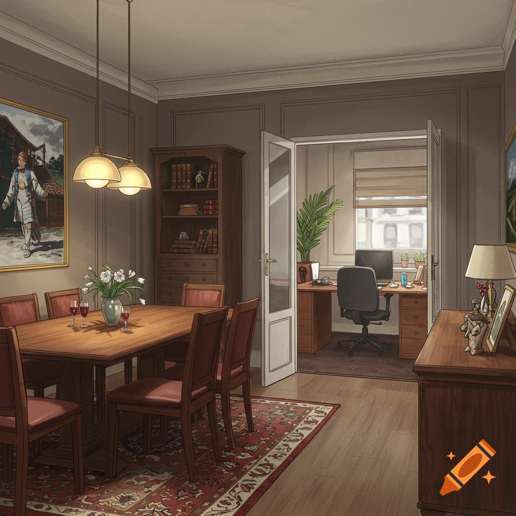 Illustrative image of a dining room with a table and chairs connected through an open doorway to a small office.