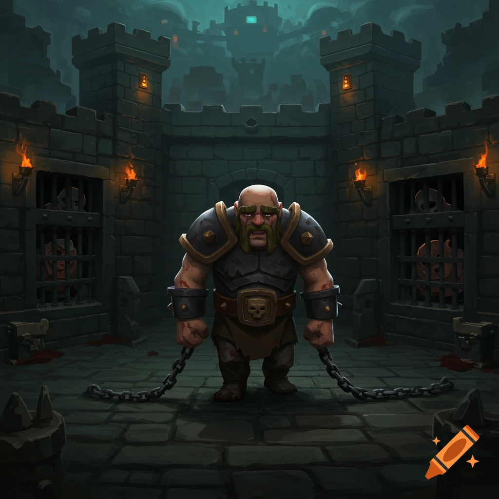 A large, muscular figure in chains stands in a stylized dungeon.