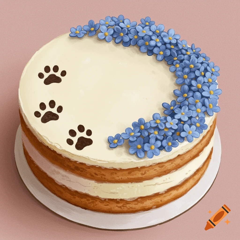 Cake with blue flowers and paw prints