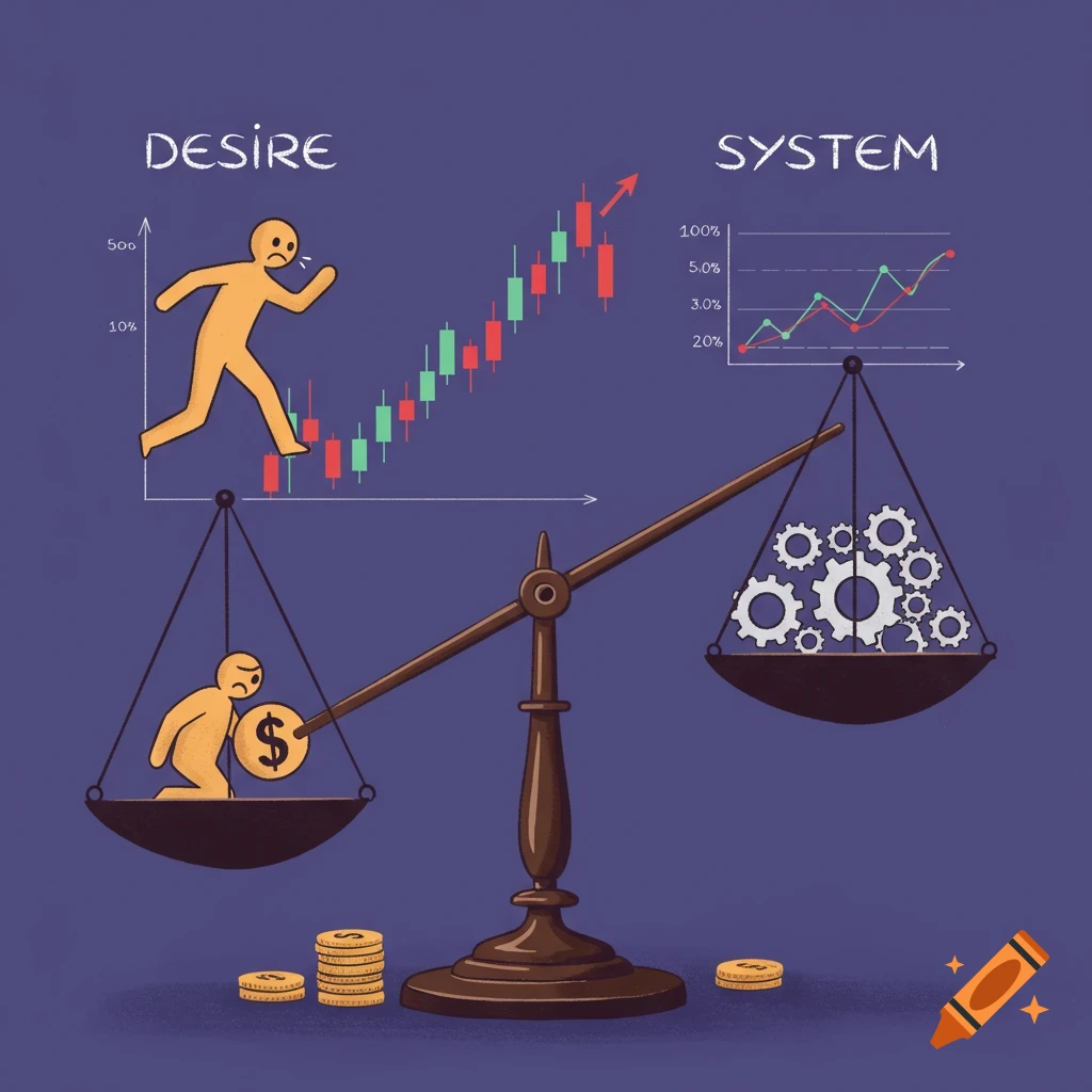 Illustration of a scale balancing 'Desire' (figure, chart, coins) against 'System' (gears, chart).
