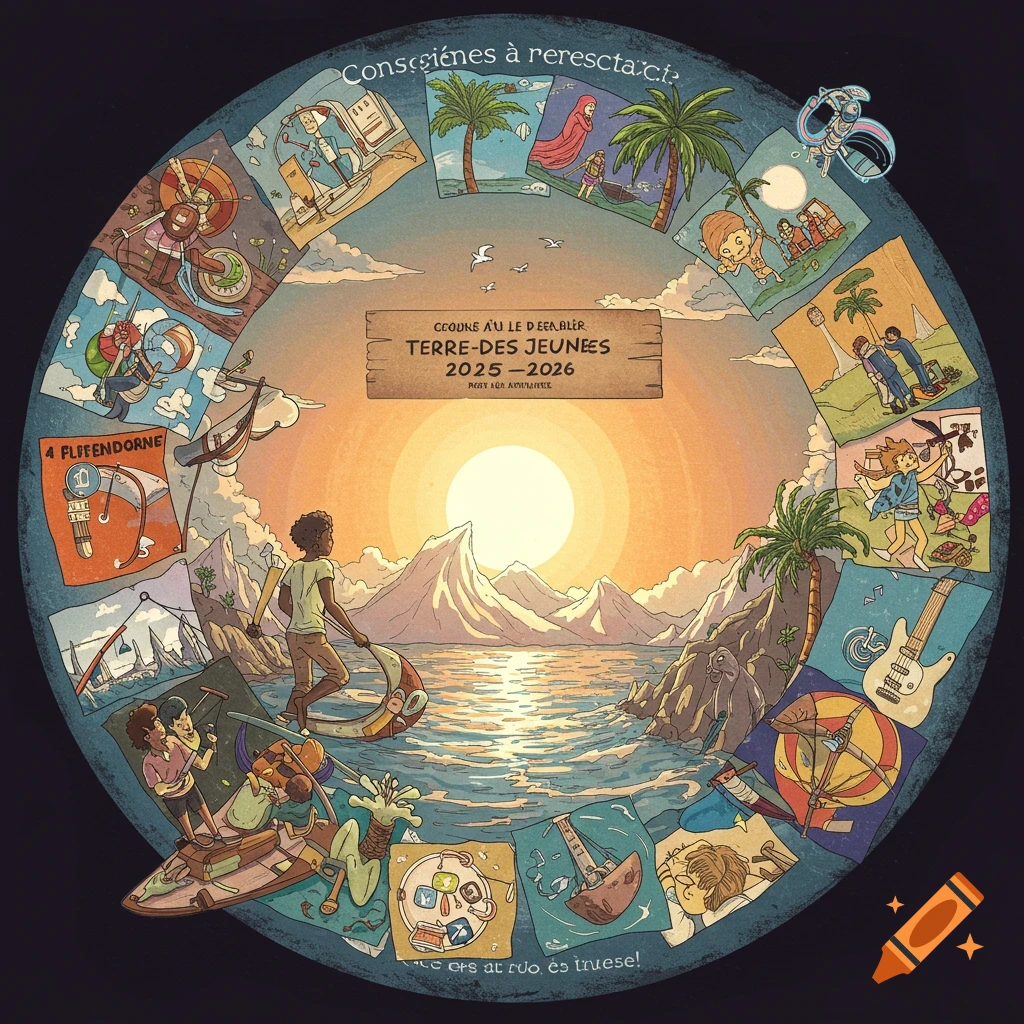 Illustration in a circular frame showing a person walking towards the sea with mountains and sunset, surrounded by vignettes depicting youth activities like sports, music, and adventure.