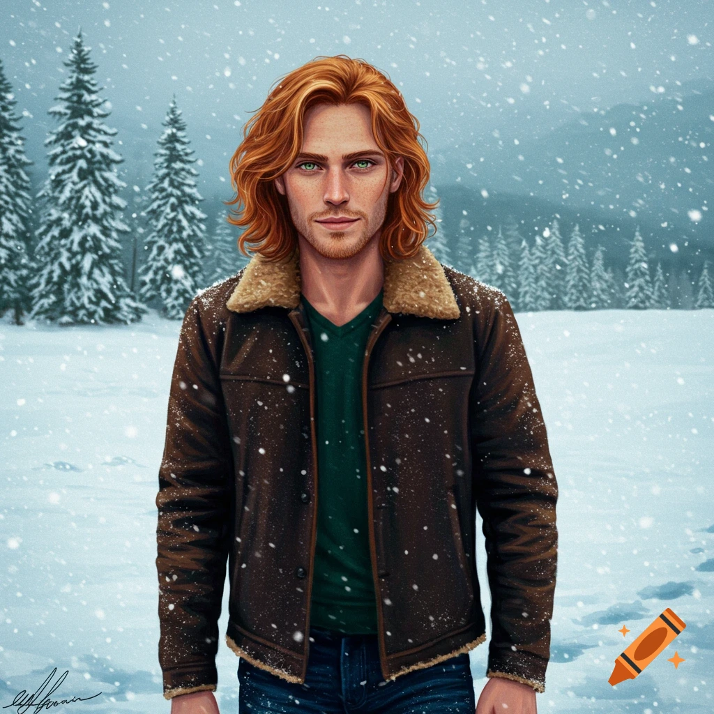 Ginger haired man with green eyes in snowy landscape