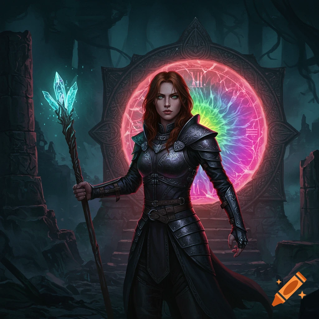 A female warrior in dark armor holding a staff stands before a glowing, rainbow time portal in ancient ruins.