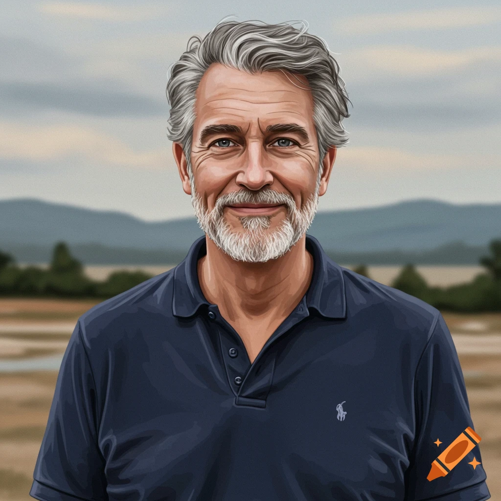 Illustrative portrait of a smiling older man with grey hair and beard in a blue polo shirt.