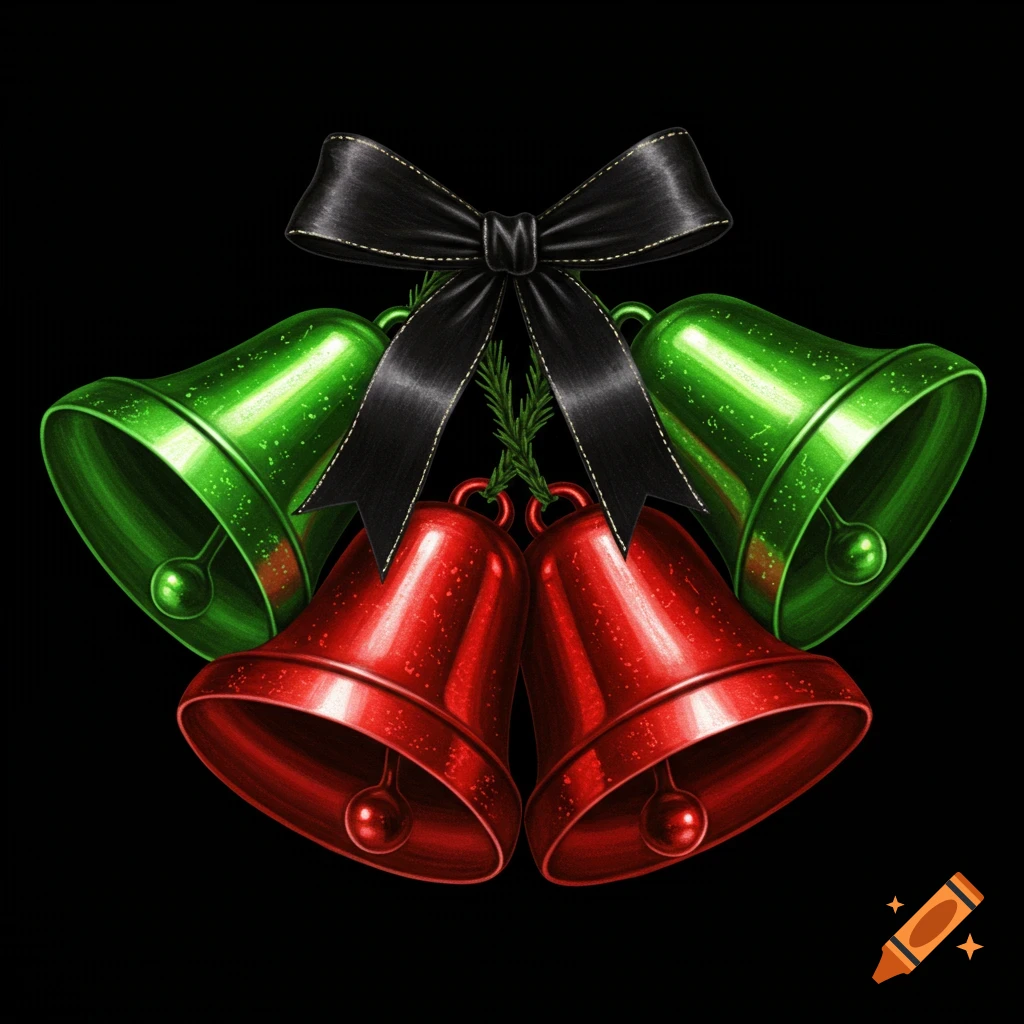 Red and green Christmas bells with ribbon on black background