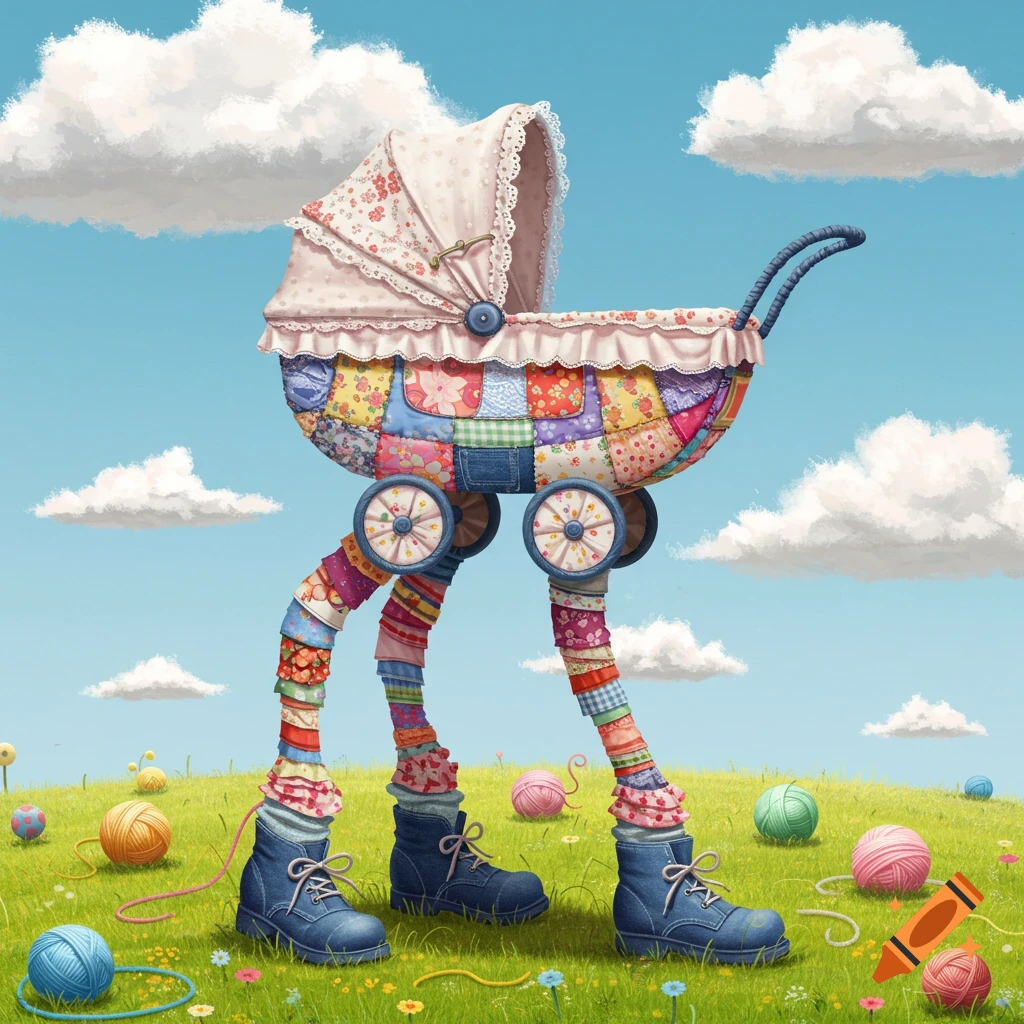 A whimsical quilted stroller with long fabric legs and boots stands in a grassy field scattered with balls of yarn.