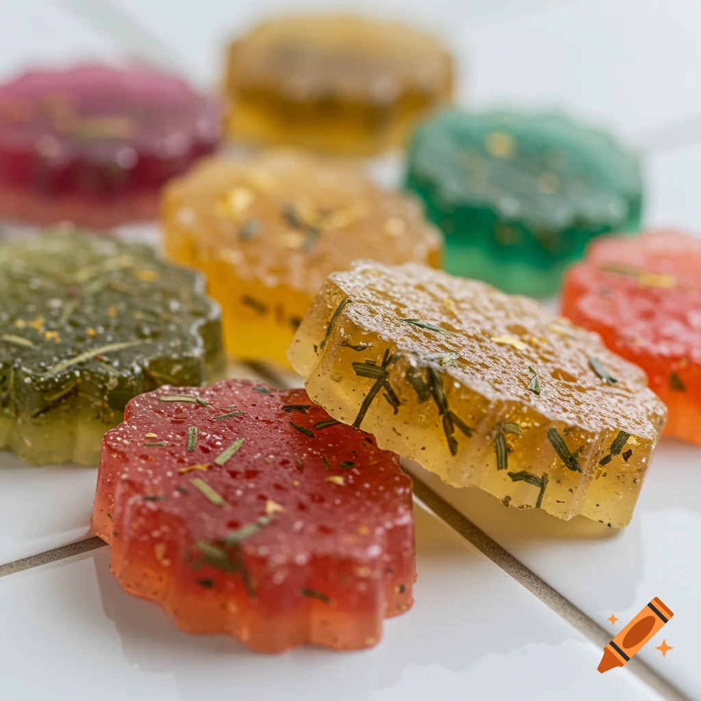 Close-up of colorful flower-shaped shower steamers with herbs on a white surface.