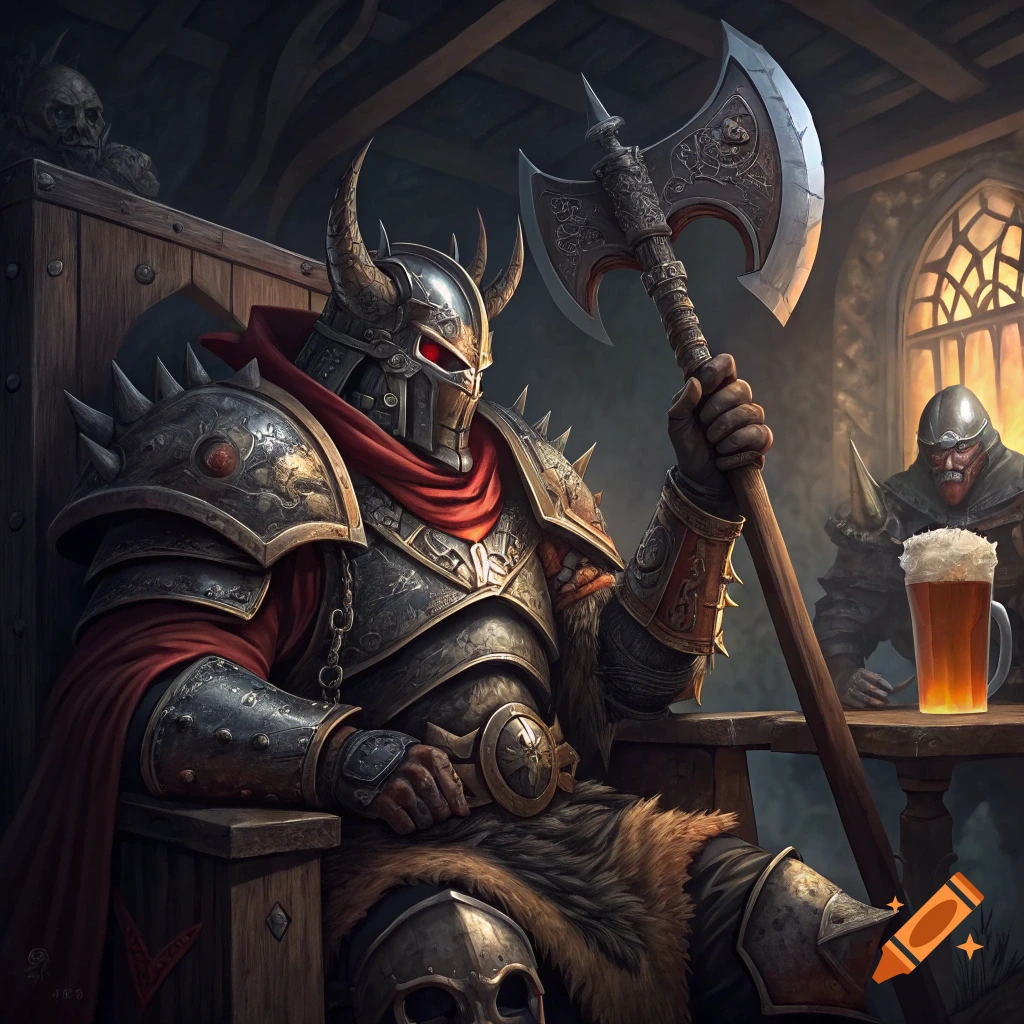 Kharn the Betrayer, Chaos Knight Despoiler, and the Silent King drinking beer
